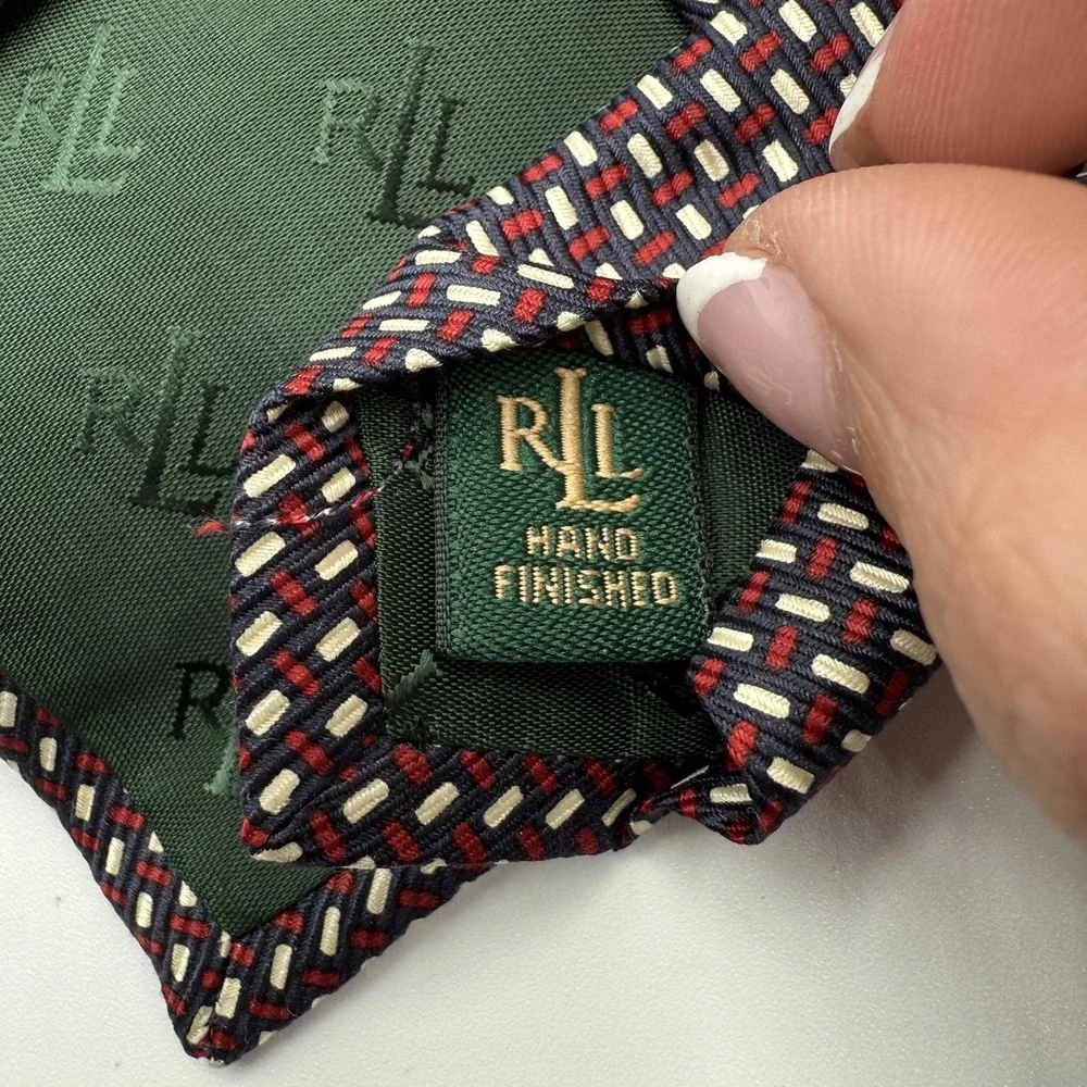 Lauren Ralph Lauren Tie Mens Silk Navy Red‎ Geometric Pattern Hand Finished USA
